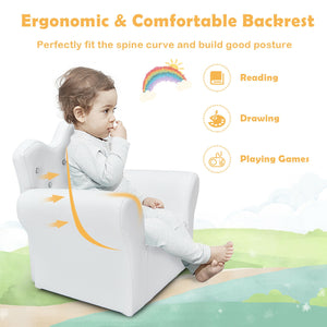Pink kids sofa with armrests and ottoman, perfect for playful seating in a child's room.