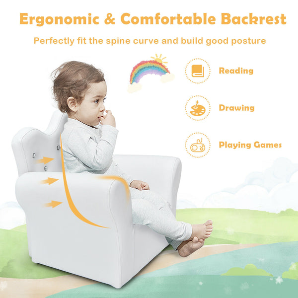 Pink kids sofa with armrests and ottoman, perfect for playful seating in a child's room.