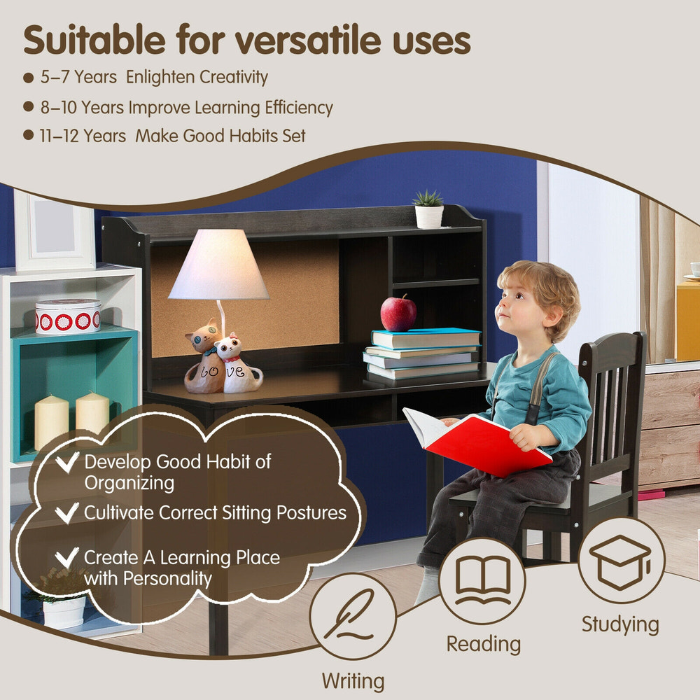 Kids desk and chair set with hutch and bookshelves for study and play, perfect for young learners.