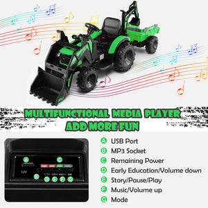 12V 3 in 1 Kids Ride On Excavator with Shovel Bucket and Music, fun toy for outdoor play at angle 7.