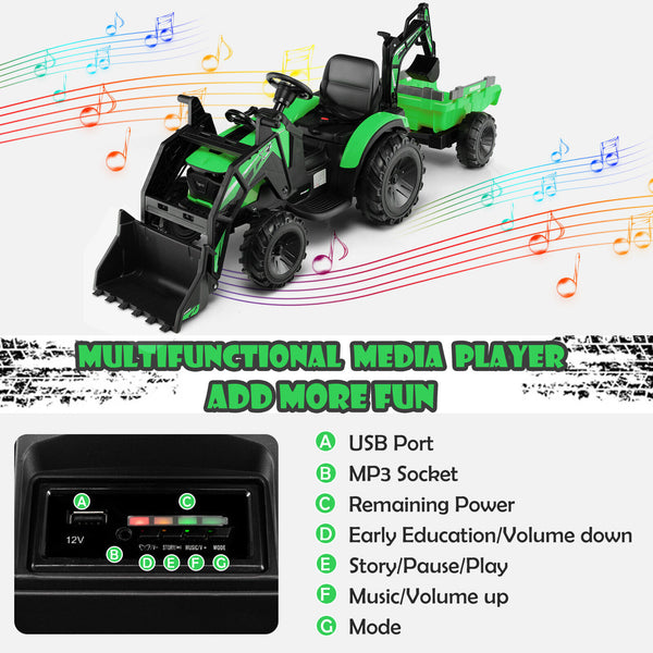12V 3 in 1 Kids Ride On Excavator with Shovel Bucket and Music, fun toy for outdoor play at angle 7.