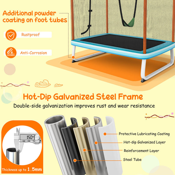 6 Feet Rectangle Trampoline with Swing Horizontal Bar and Safety Net for Infants