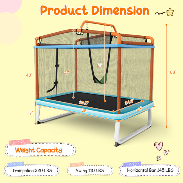 6 Feet Rectangle Trampoline with Swing Horizontal Bar and Safety Net for Infants