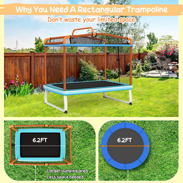 6 Feet Rectangle Trampoline with Swing Horizontal Bar and Safety Net for Infants