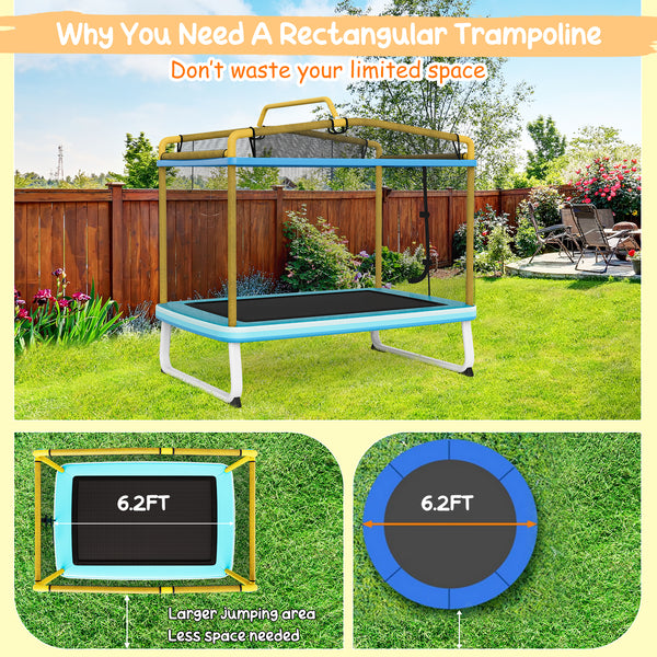 6 Feet Rectangle Trampoline with Swing Horizontal Bar and Safety Net for Infants