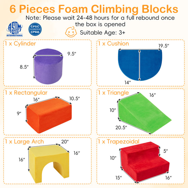 6 Pieces Foam Climbing Blocks for Kids with Slide and Tunnel