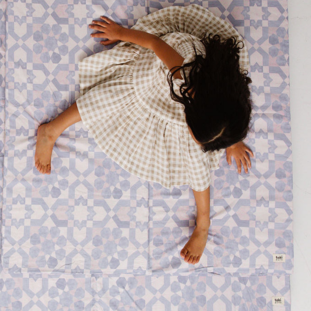 Blue Tile Organic Cotton Mat for babies, perfect for safe and comfortable playtime on any surface.