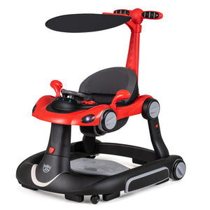 6-in-1 baby walker with canopy, portable activity center, bouncer, rocker, and music, shown from angle 4.
