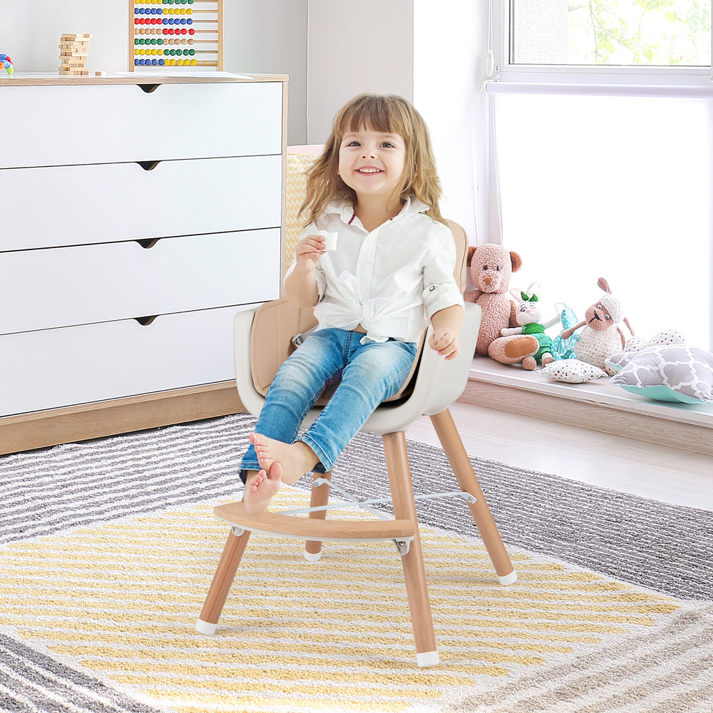 6-in-1 Convertible Wooden Highchair with Safety Harness and Adjustable Legs-Light Brown