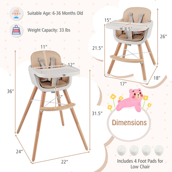 6-in-1 Convertible Wooden Highchair with Safety Harness and Adjustable Legs-Light Brown