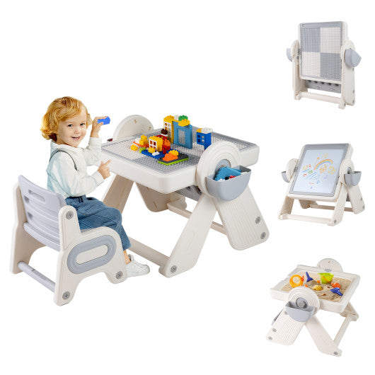 6-in-1 gray and white children's table and chair set with folding art easel, perfect for multi-activity play.