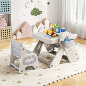 6-in-1 gray and white children's table and chair set with folding art easel for multi-activity play.