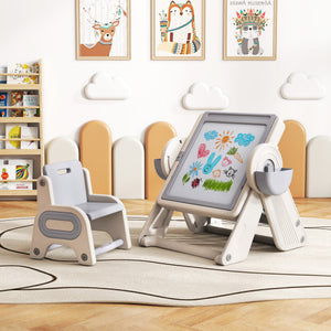 Gray and white 6-in-1 multi-activity children's table and chair set with folding art easel, angle view.