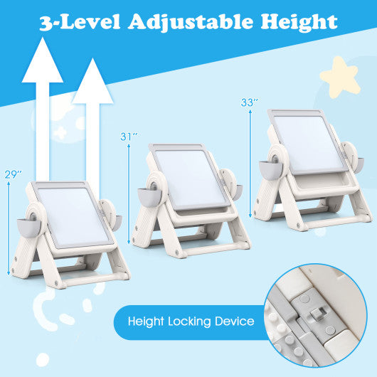 6-in-1 multi-activity children table and chair set in gray and white, featuring a folding art easel. Angle 7 view.