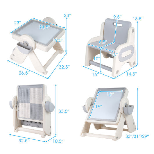 6-in-1 gray and white children's table and chair set with folding art easel, perfect for multi-activity play.
