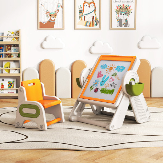 6-in-1 Multi-activity Children Table and Chair Set Folding Art Easel Set-Orange