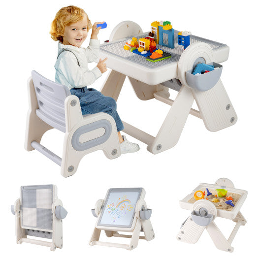 Gray and white 6-in-1 multi-activity table and chair set for kids, featuring a folding art easel.