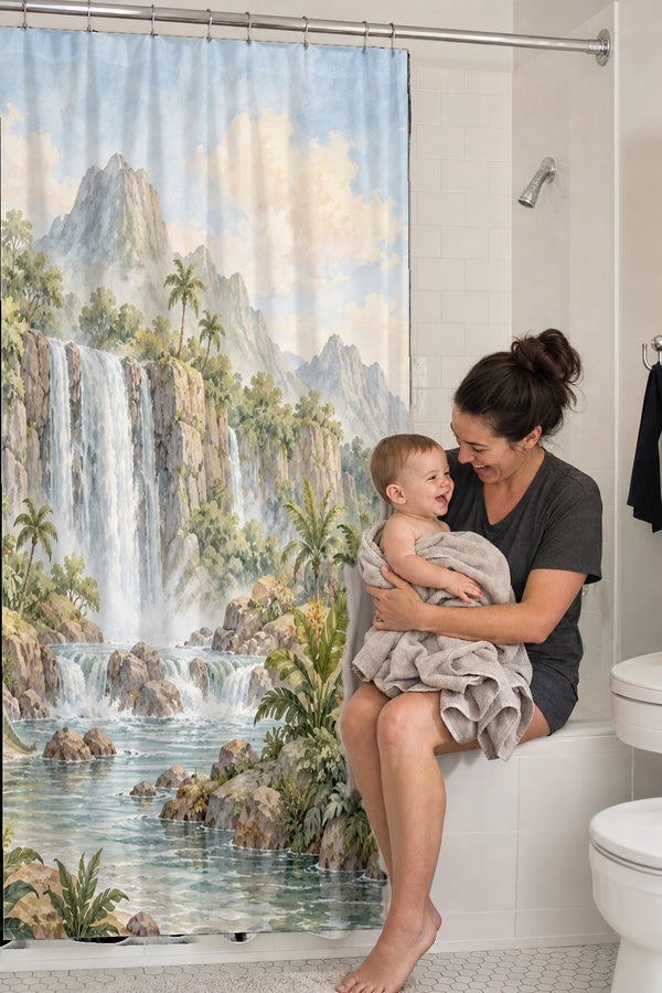 Mom holding her baby on the tub edge next to the Tropical Dinosaur Garden shower curtain