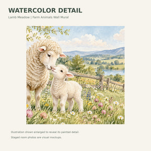 Watercolor Lamb Meadow Farm Wall Mural, image 4