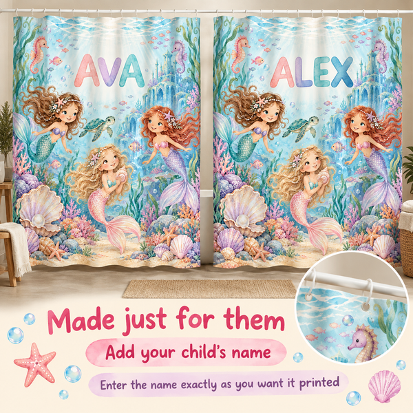 Add your child's name to the Mermaid Lagoon shower curtain