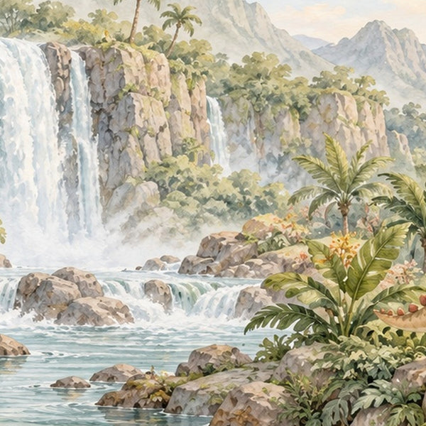 Tropical Dinosaur Garden shower curtain, close up of the watercolor artwork