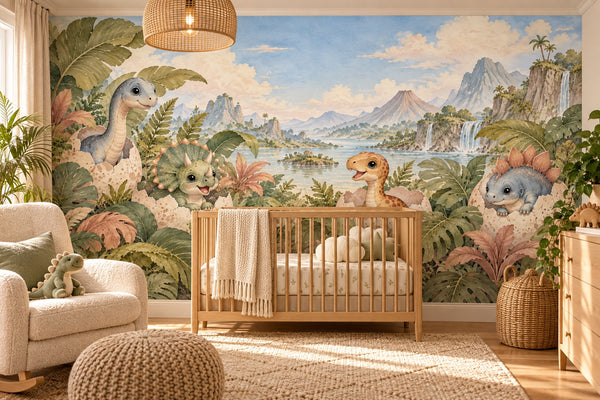 Watercolor Hatching Dinosaurs Wall Mural, image 1