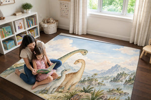 Mom and daughter reading a book on the Long Neck Family Dinosaur play rug