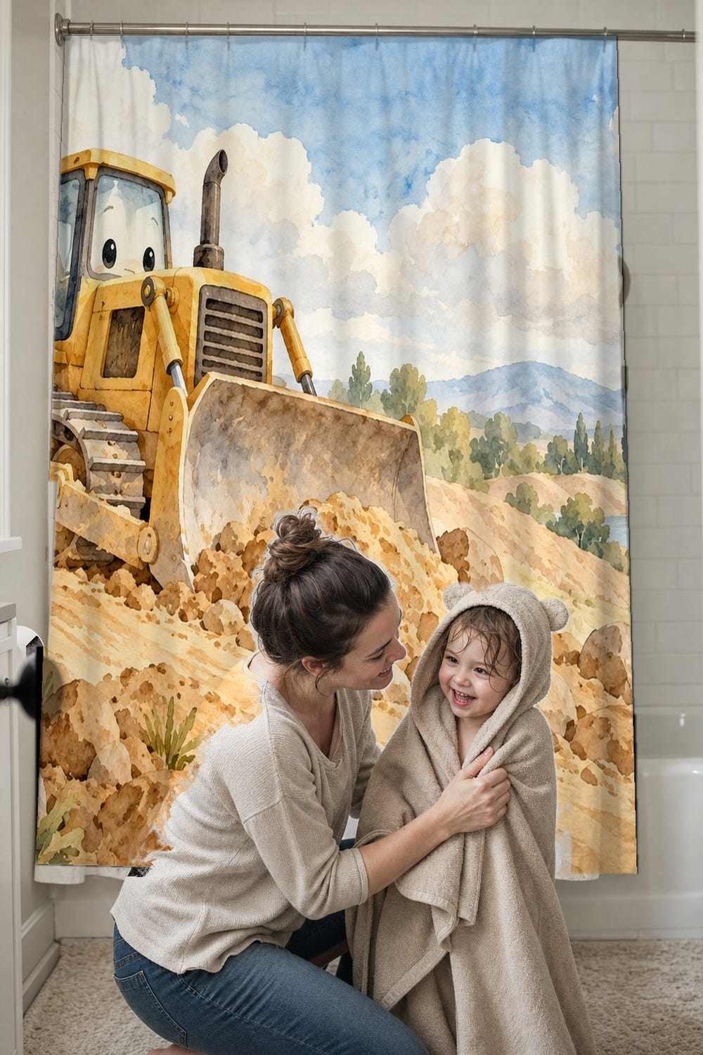 Bulldozer Hills shower curtain, full front view of the 71 x 74 in fabric curtain