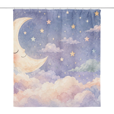 Sleepy Moon shower curtain, full front view of the 71 x 74 in fabric curtain