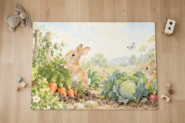 Top view of the Vegetable Garden Bunny kids area rug on a wood floor