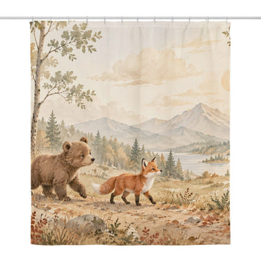 Bear and Fox Walk shower curtain, full front view of the 71 x 74 in fabric curtain