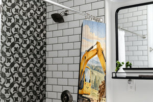 Sunrise Excavator shower curtain in a modern farmhouse bathroom with subway tile