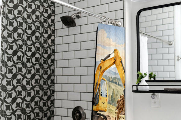 Sunrise Excavator shower curtain in a modern farmhouse bathroom with subway tile
