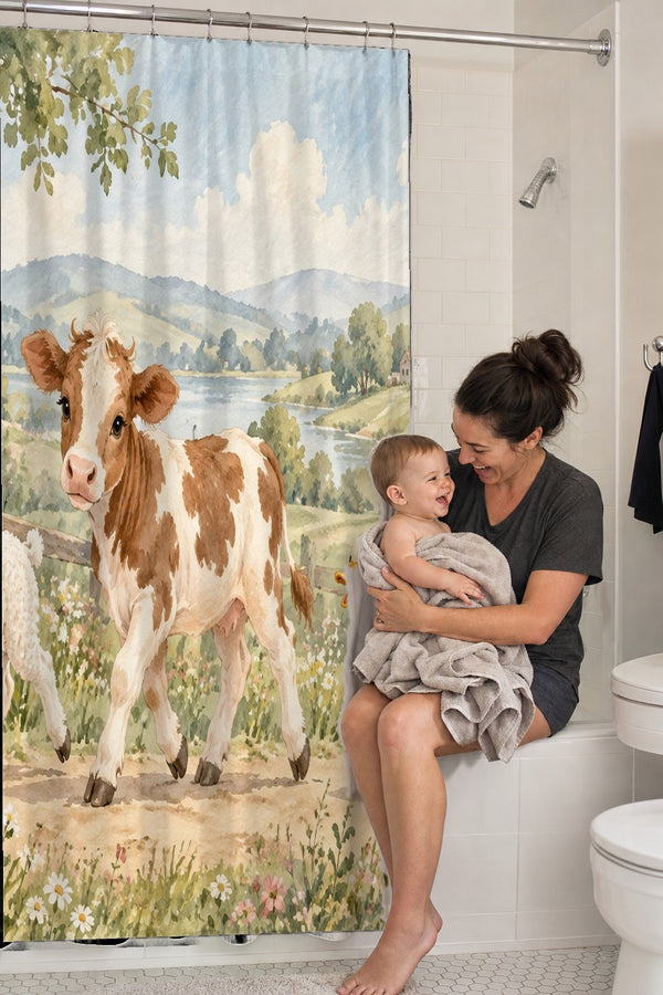Mom holding her baby on the tub edge next to the Farm Parade shower curtain