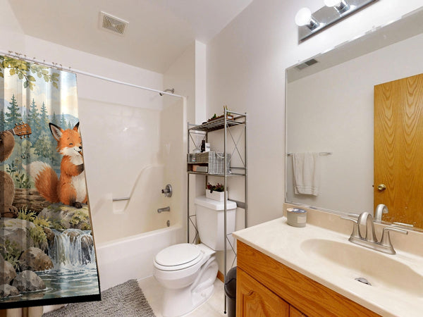 Woodland Band shower curtain on a tub shower combo in an American family bathroom