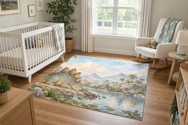 Sleepy Stegosaurus Dinosaur area rug in a calm nursery with a white crib