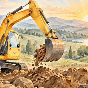 Sunrise Excavator kids bath mat, close up of the watercolor artwork