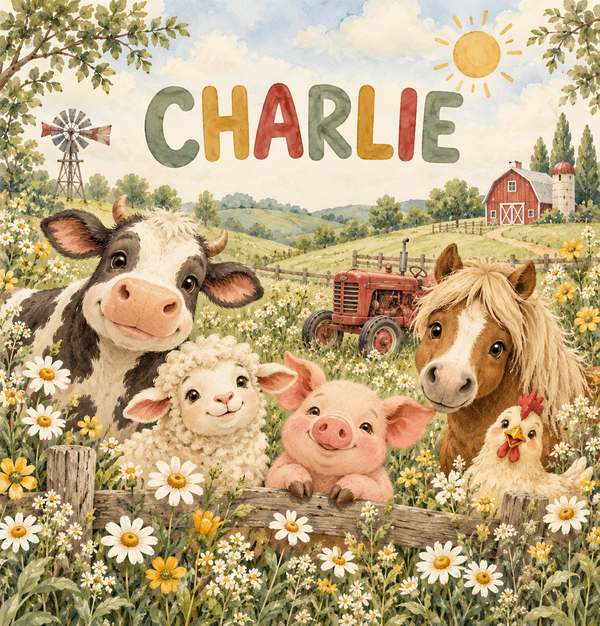 Sunny Farm watercolor artwork with the name Charlie