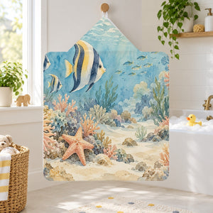 Coral Reef Ocean kids hooded bath towel hanging in a kids bathroom