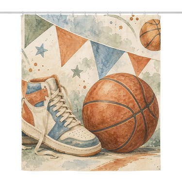 Vintage Basketball Gear shower curtain, full front view of the 71 x 74 in fabric curtain