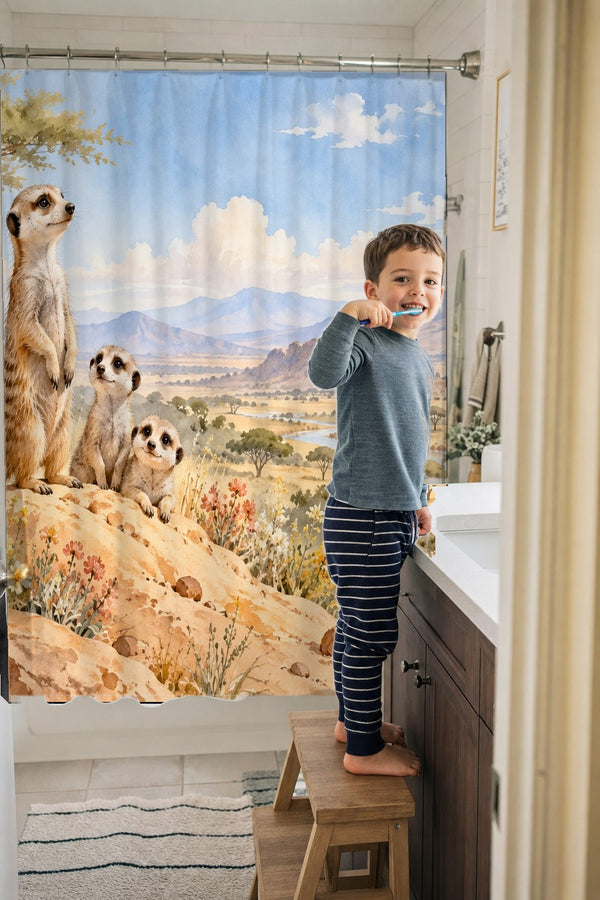 Child brushing teeth in a family bathroom with the Meerkat Family Safari shower curtain
