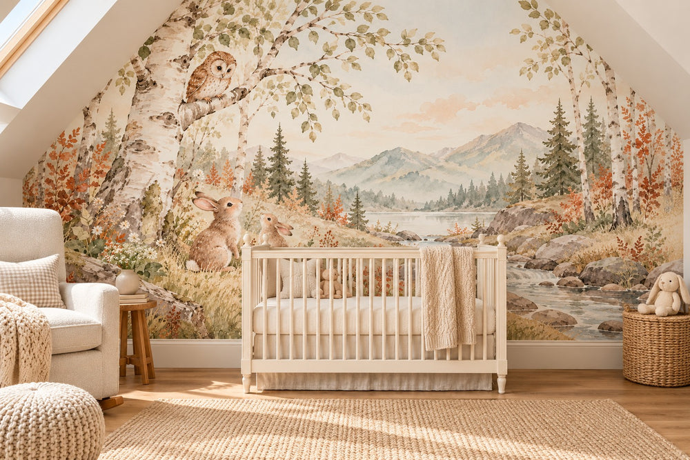 Watercolor Owl and Bunnies Wall Mural, image 1