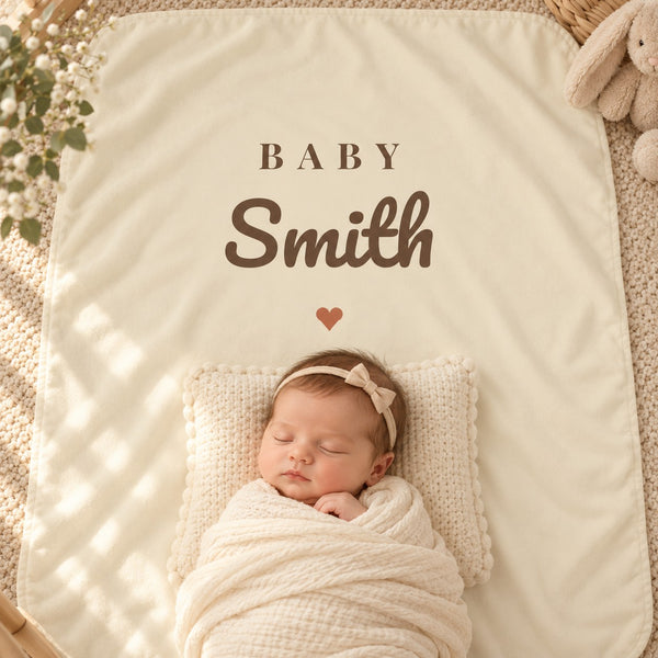 Baby Surname swaddle blanket in oat, styled photo 2