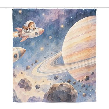 Space Explorers shower curtain, full front view of the 71 x 74 in fabric curtain