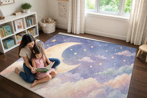 Mom and daughter reading a book on the Sleepy Moon play rug
