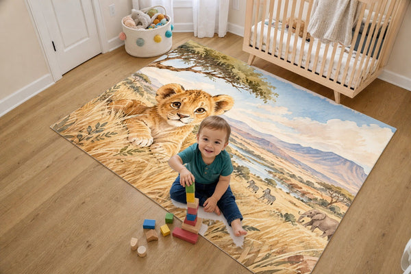 Toddler stacking blocks on the Lion Cub Safari kids rug in a bright bedroom