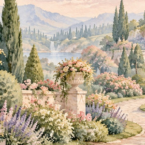Castle Garden Fairy Tale shower curtain, close up of the watercolor artwork