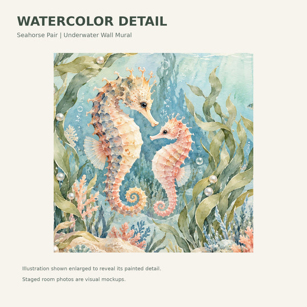 Watercolor Seahorse Pair Ocean Wall Mural, image 4
