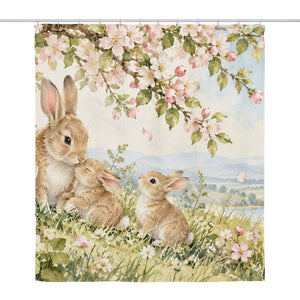 Apple Blossom Family Bunny shower curtain, full front view of the 71 x 74 in fabric curtain