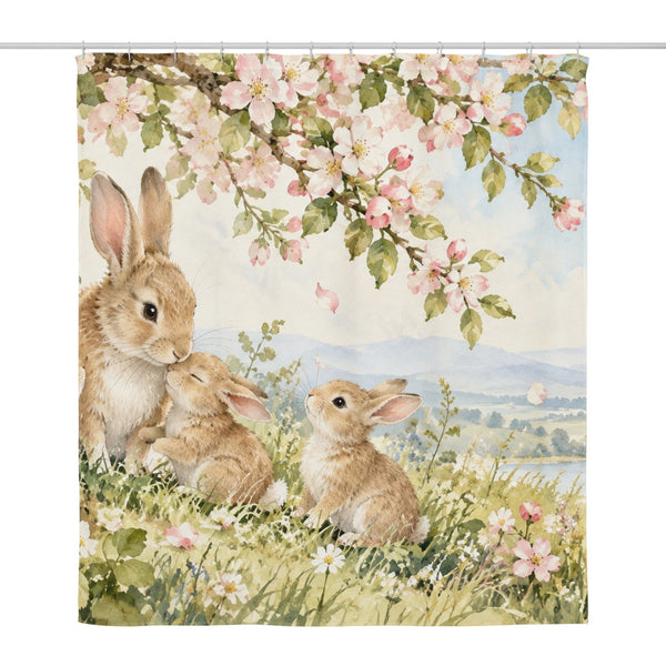 Apple Blossom Family Bunny shower curtain, full front view of the 71 x 74 in fabric curtain